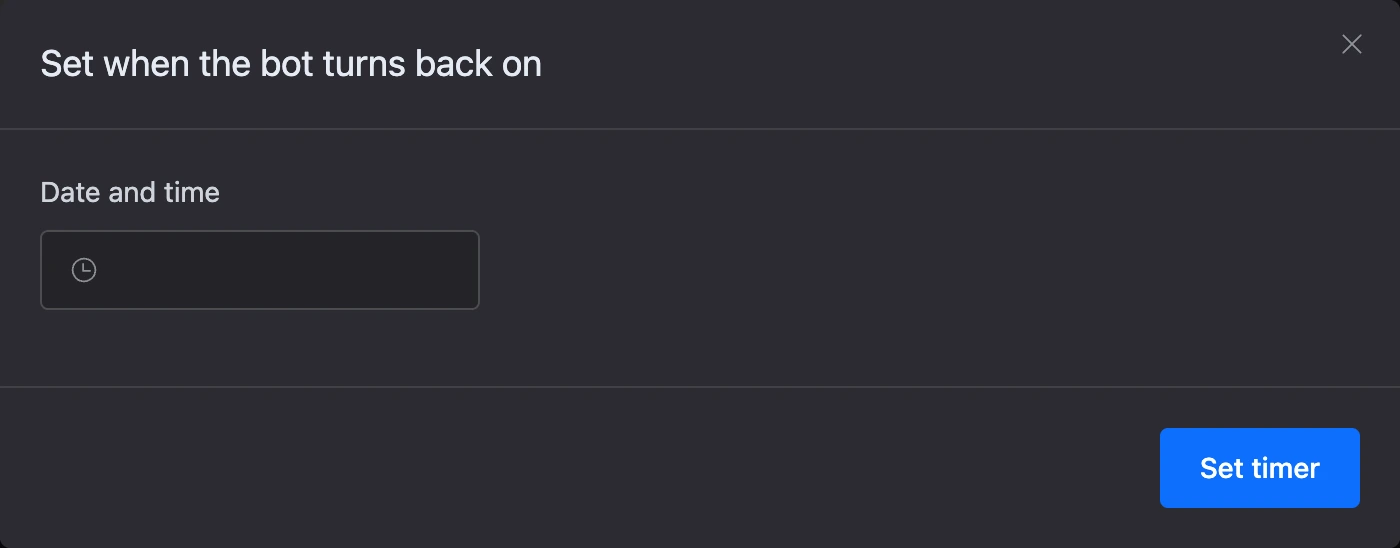 The "Bot activation timer" window with the "Date and time" field