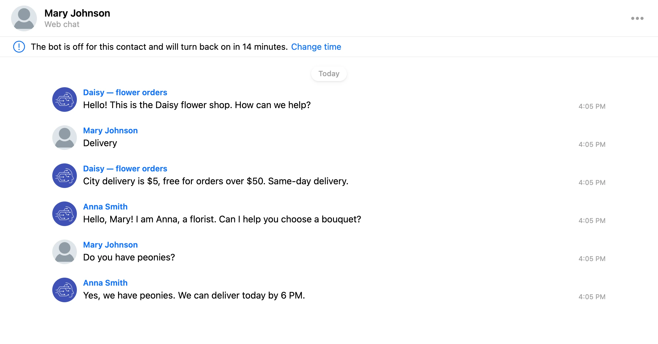 Pause notice above the conversation: the bot is off for the contact, with a link to change the time
