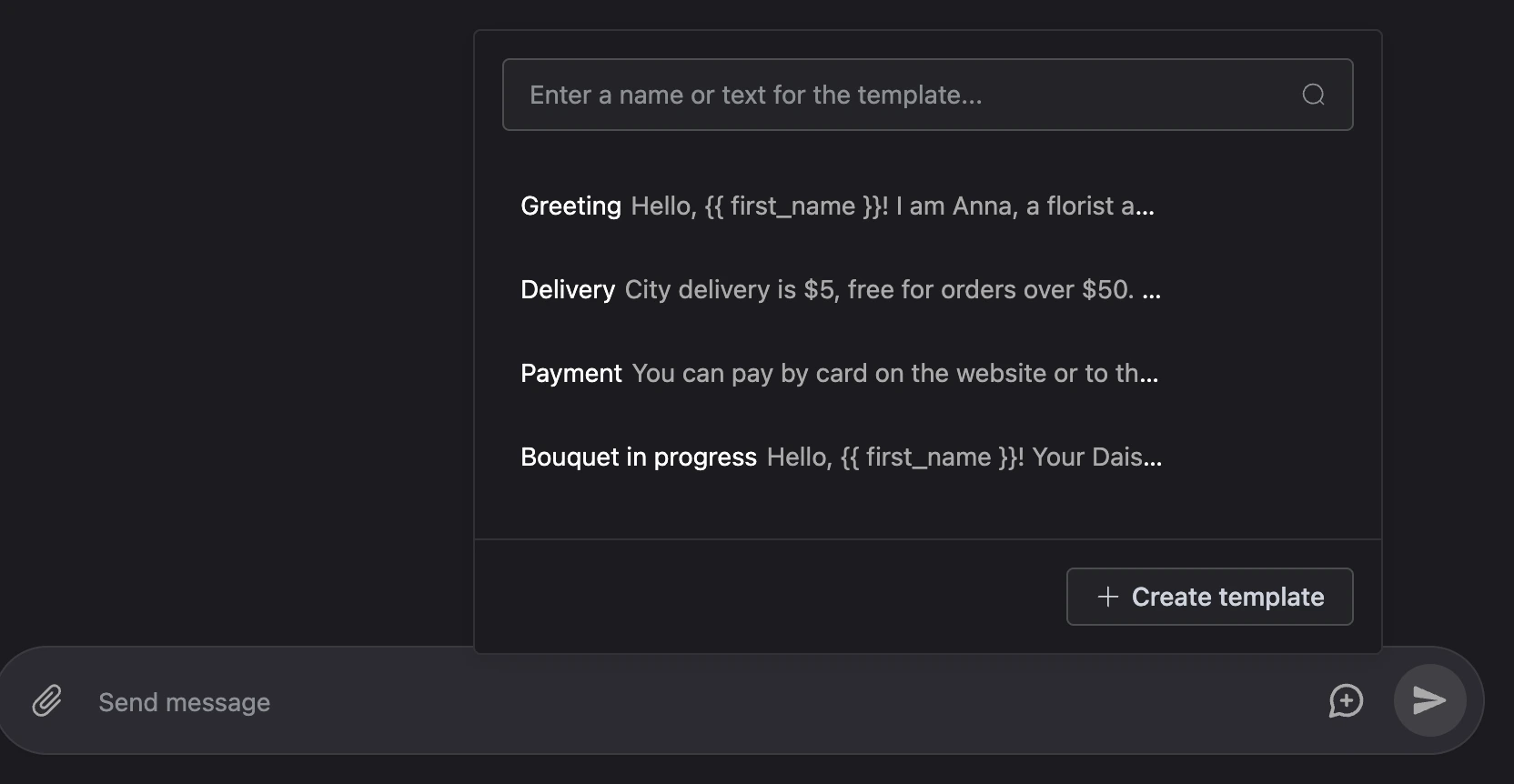 The reply templates window above the input field: search, the list of templates and the "Create template" button