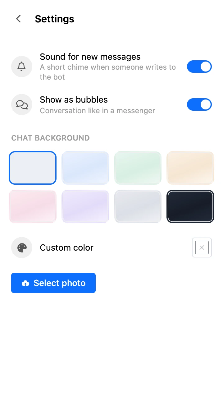 Section settings: sound, conversation view and background