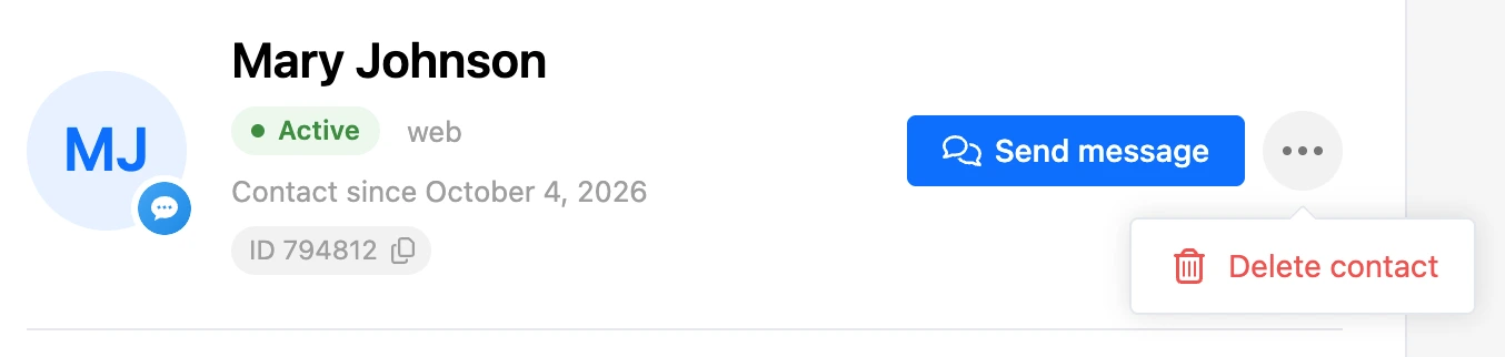 The card header with the "⋯" menu and the "Delete contact" item