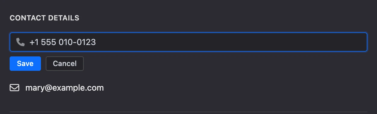 The "Contact" section: entering a phone number with "Save" and "Cancel"