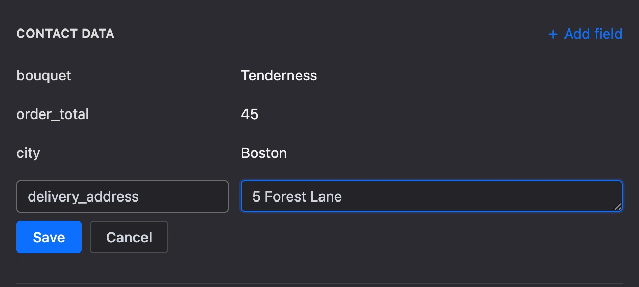 The "Contact data" section: variables and a new field with a name and a value