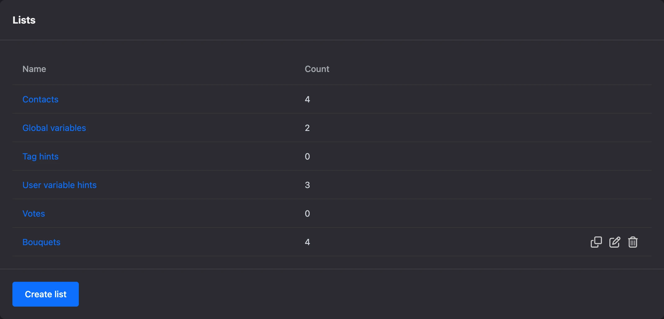 Lists section in the bot menu: built-in references and lists