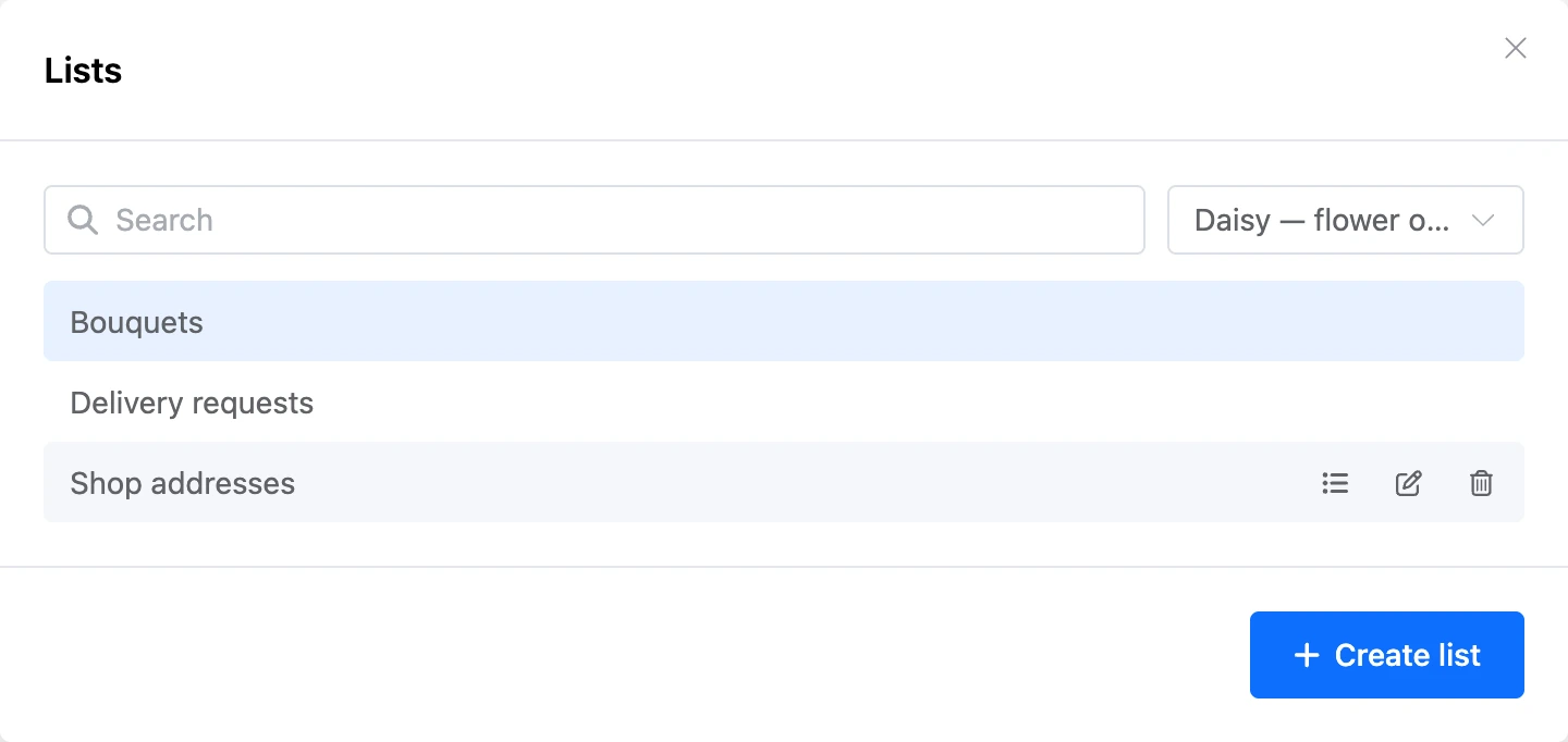 The Lists window from block settings: search, bot filter, the selected list and row icons