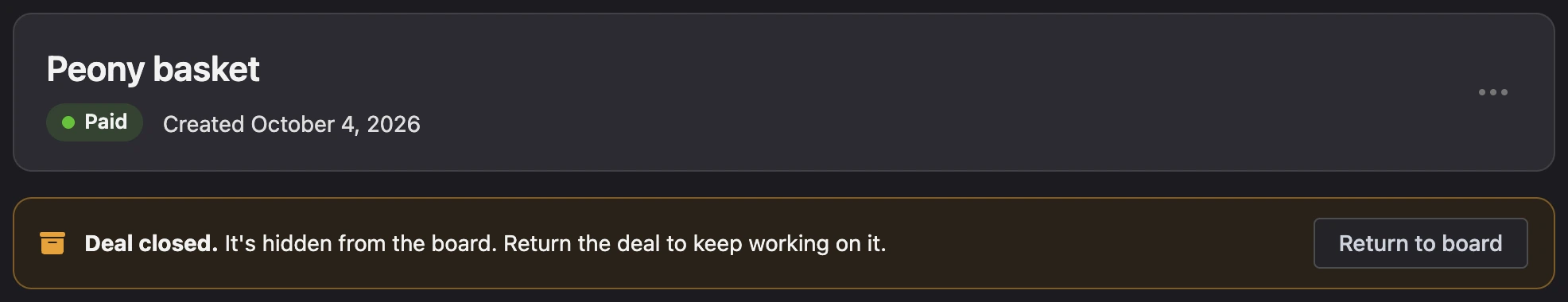 The Deal closed banner with the Return to board button