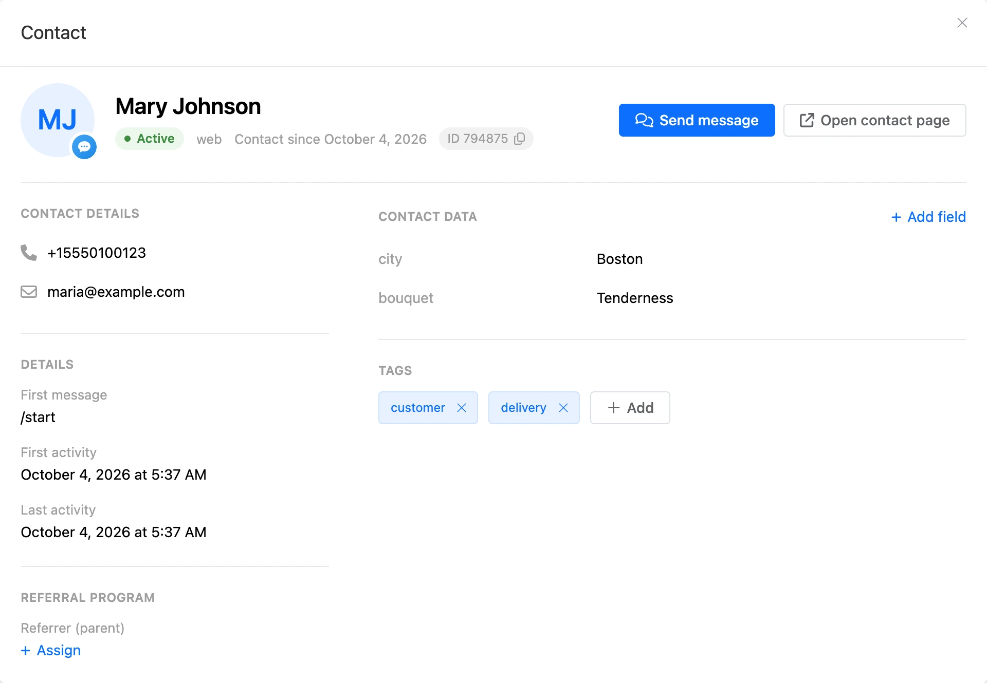 The Contact window for the bot owner: the full contact card