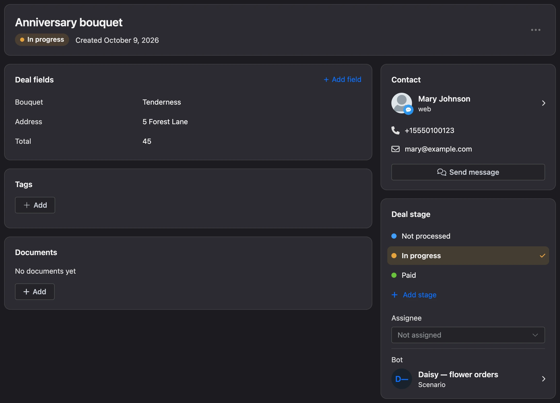 Deal card: fields, tags, documents, contact, stage and assignee