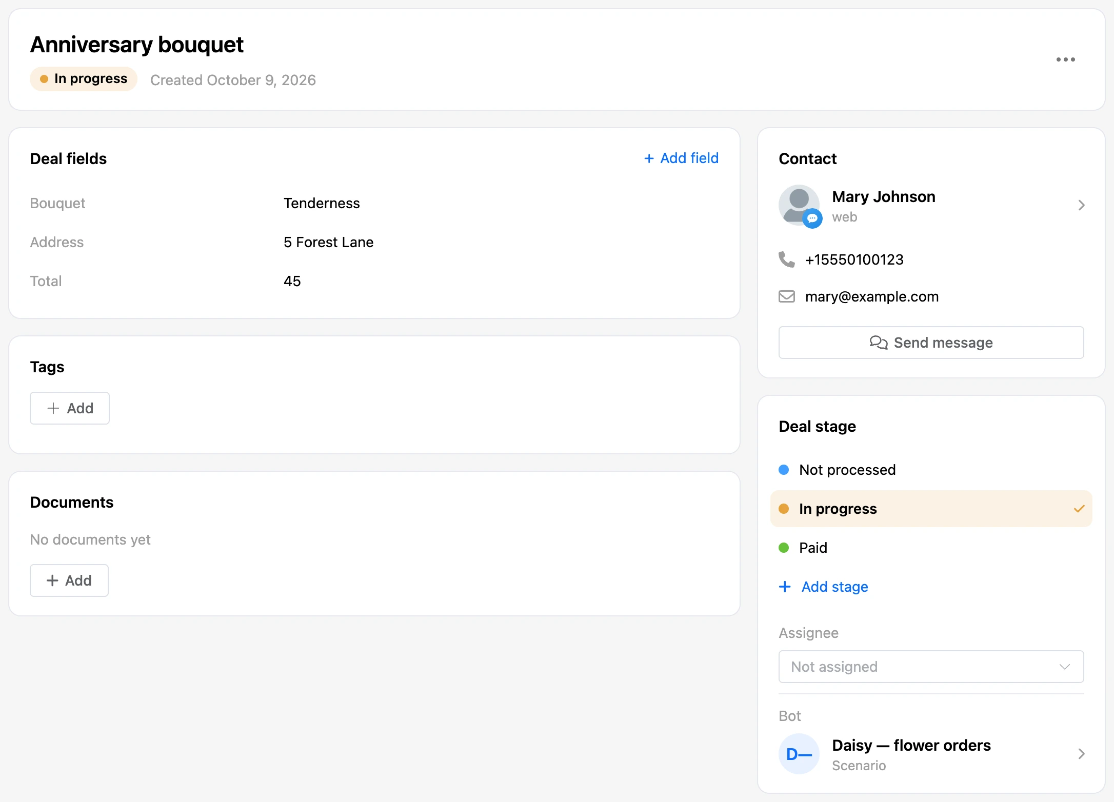 Deal card: fields, tags, documents, contact, stage and assignee