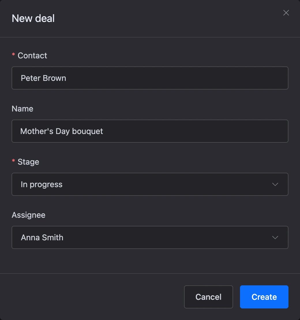 The New deal window: contact, name, stage and assignee