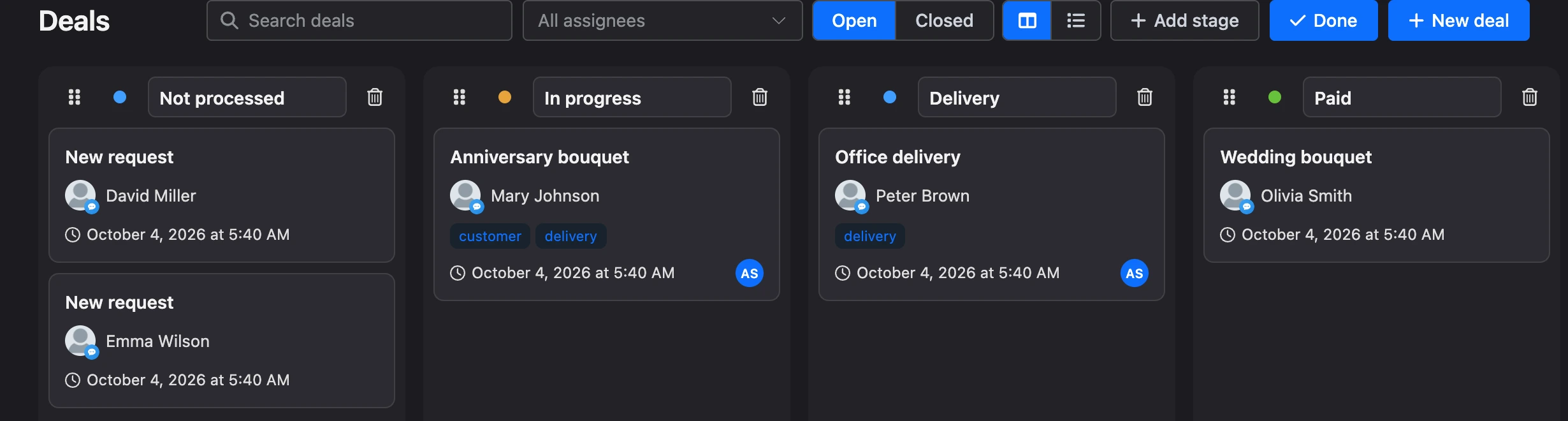 Configuring stages: drag handle, color, name and delete in column headers