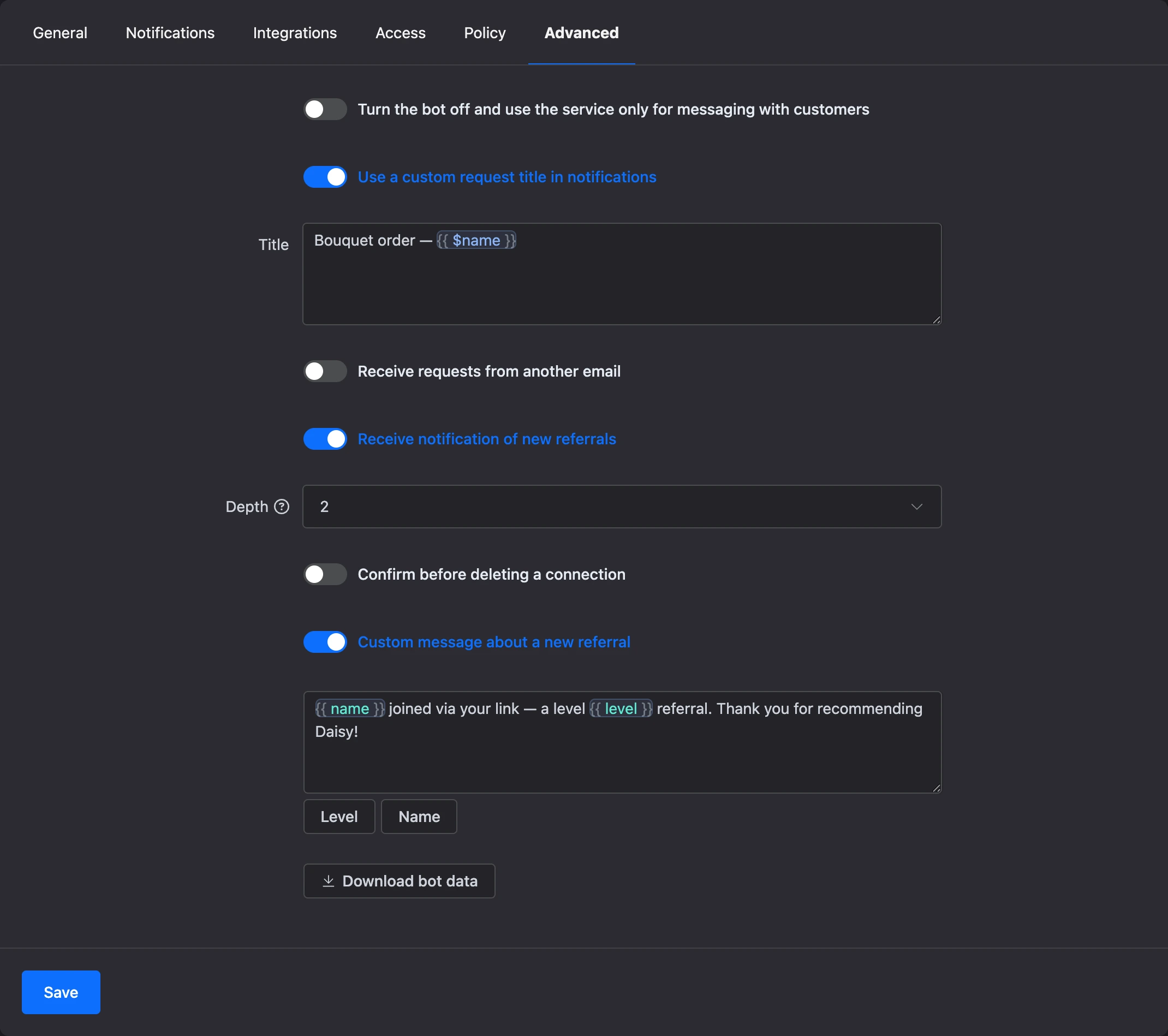 The "Advanced" tab with a custom request title and referral message