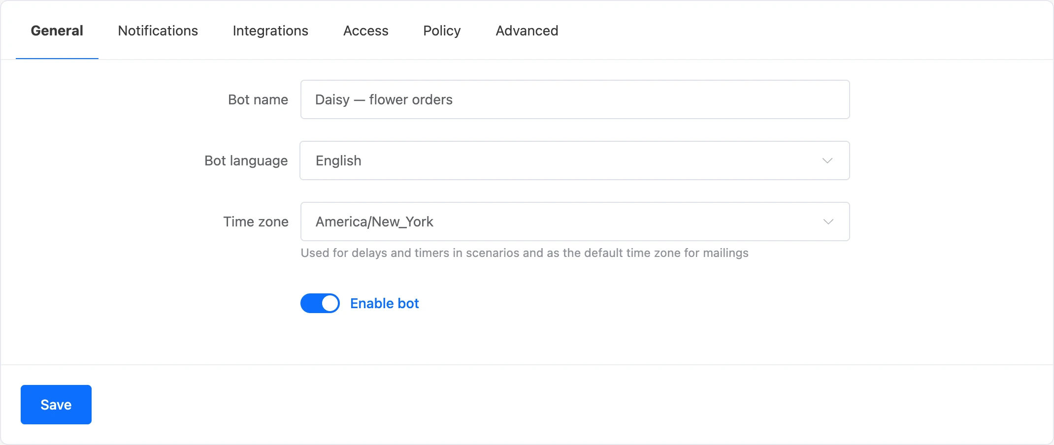 Main tab of the bot settings
