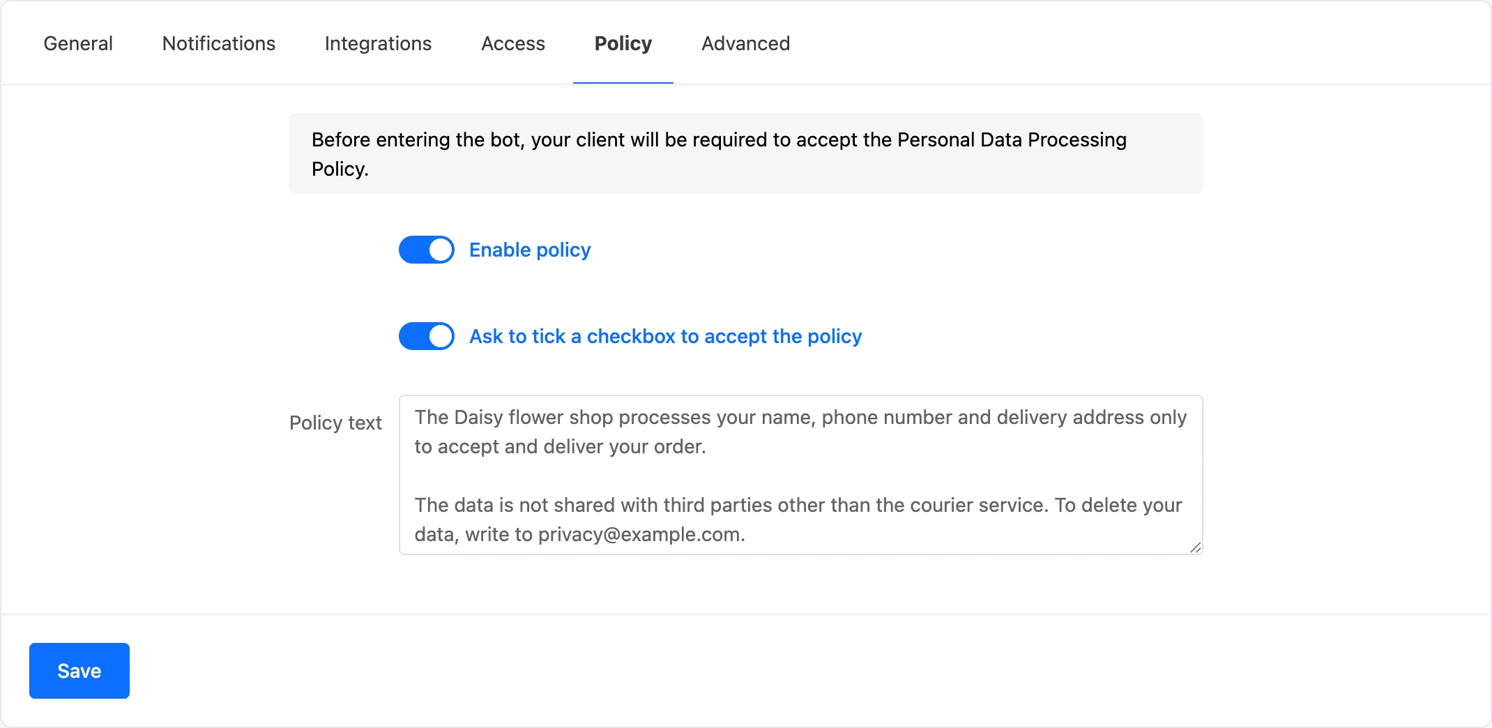 The "Policy" tab with the policy, the checkbox and the text turned on
