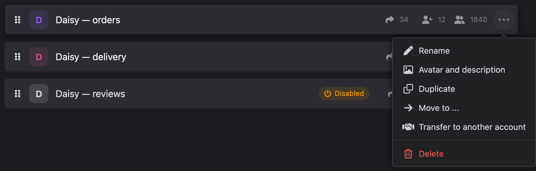 The open "⋯" menu in a bot's row