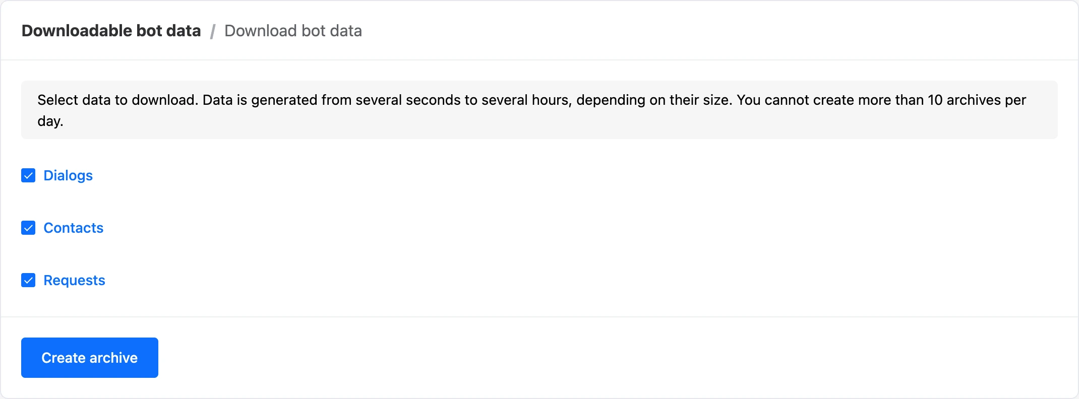 An archive request with dialogs, contacts and requests ticked