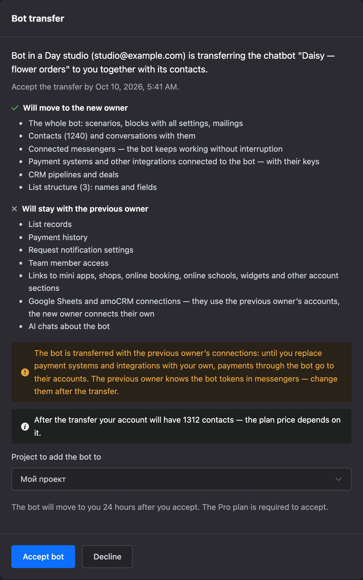 The Bot transfer page for the recipient: what moves, the project and the Accept bot and Decline buttons