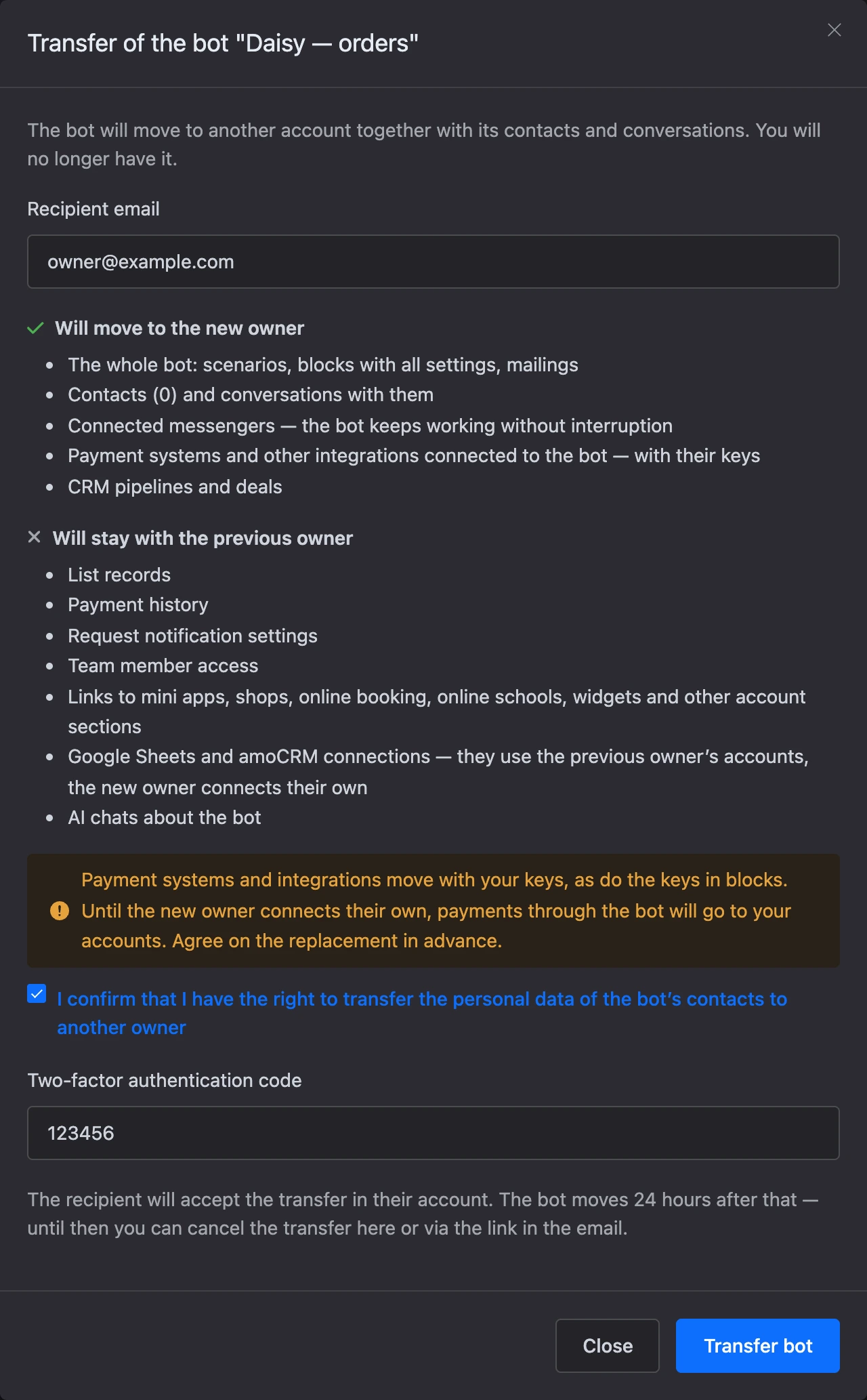 The bot transfer window: recipient email, what moves and what stays, consent and code