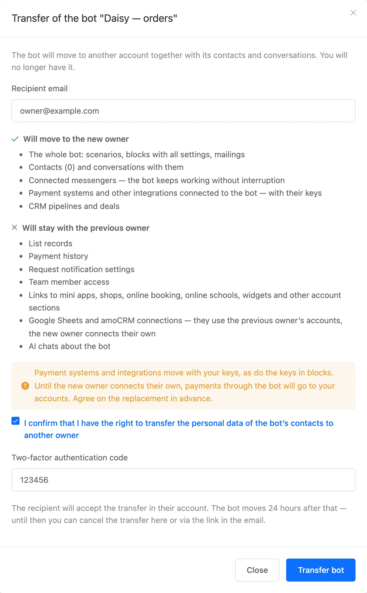 The bot transfer window: recipient email, what moves and what stays, consent and code