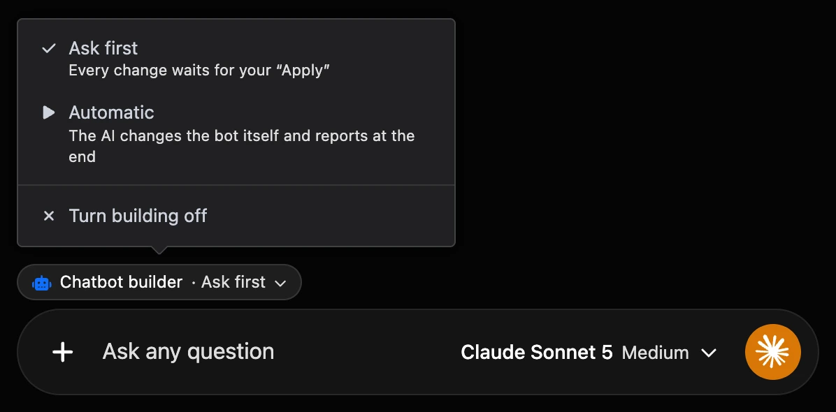 The "Chatbot builder" chip above the message field and its mode menu