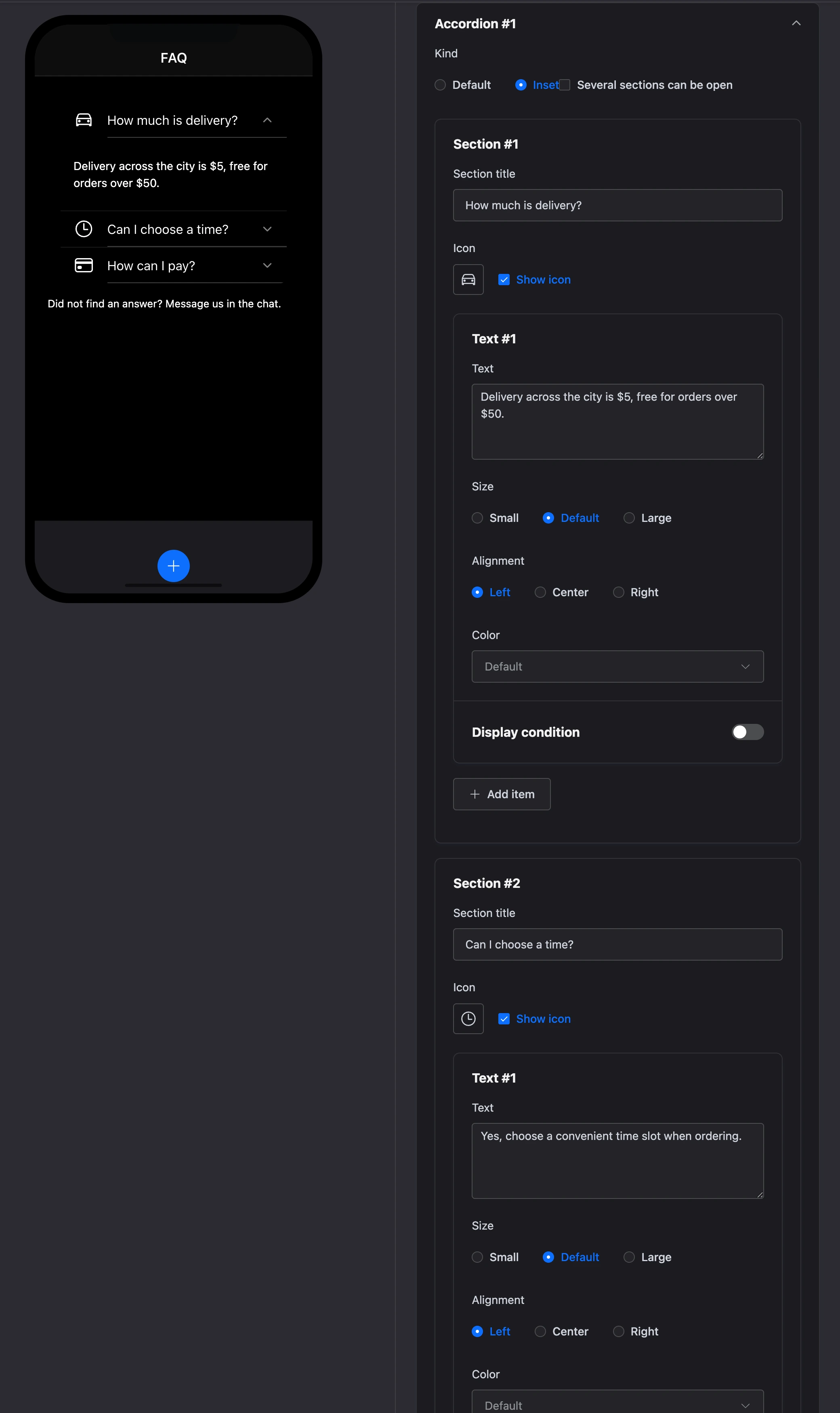 The "Accordion" element: three sections with icons and the element's settings