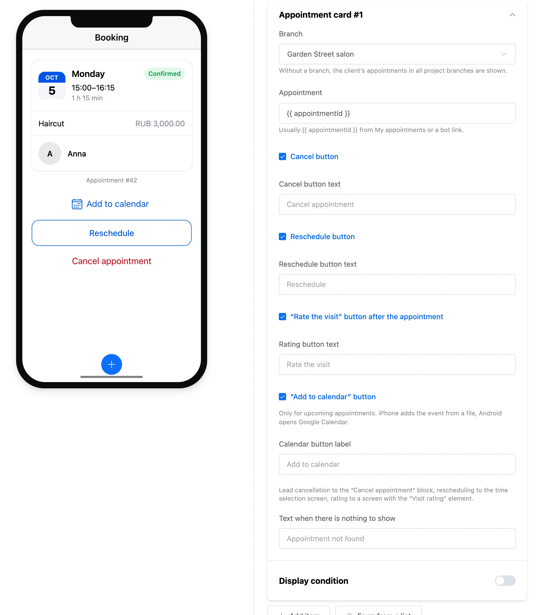 The "Appointment card" element: an appointment with buttons and the element's settings