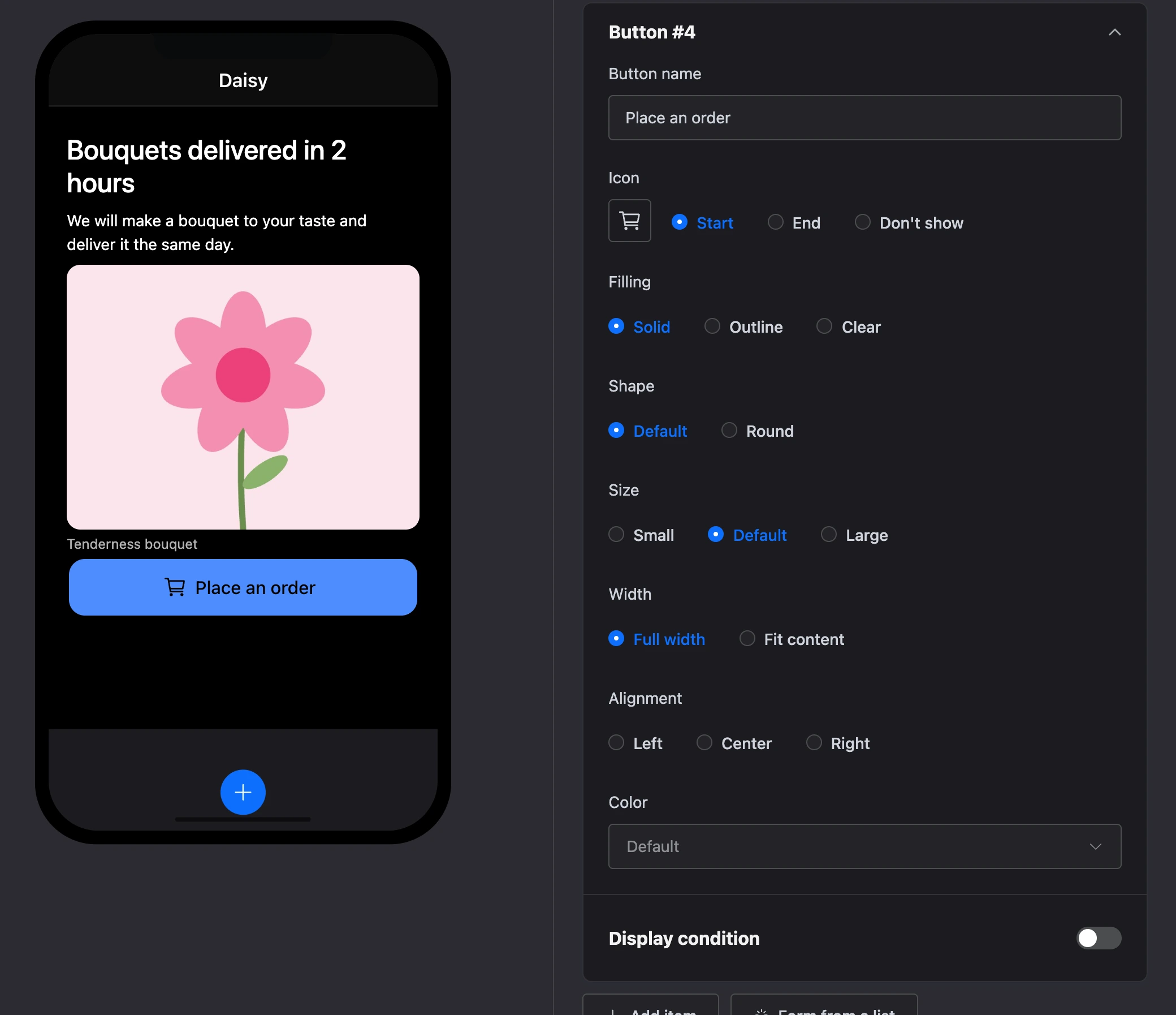 The "Button" element: the "Place an order" button with an icon and its settings