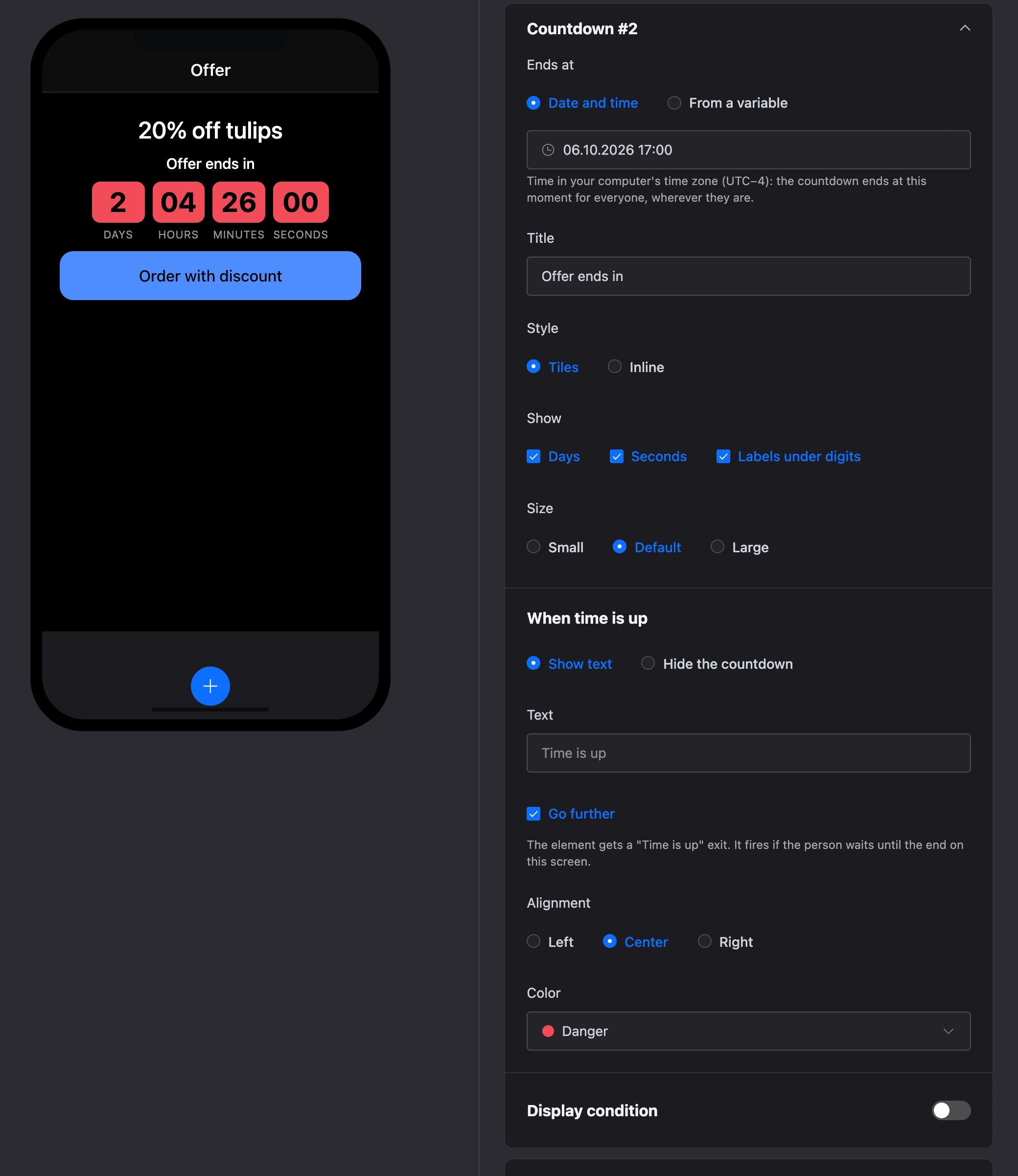 The "Countdown" element: tiles with days, hours, minutes and seconds and the element's settings