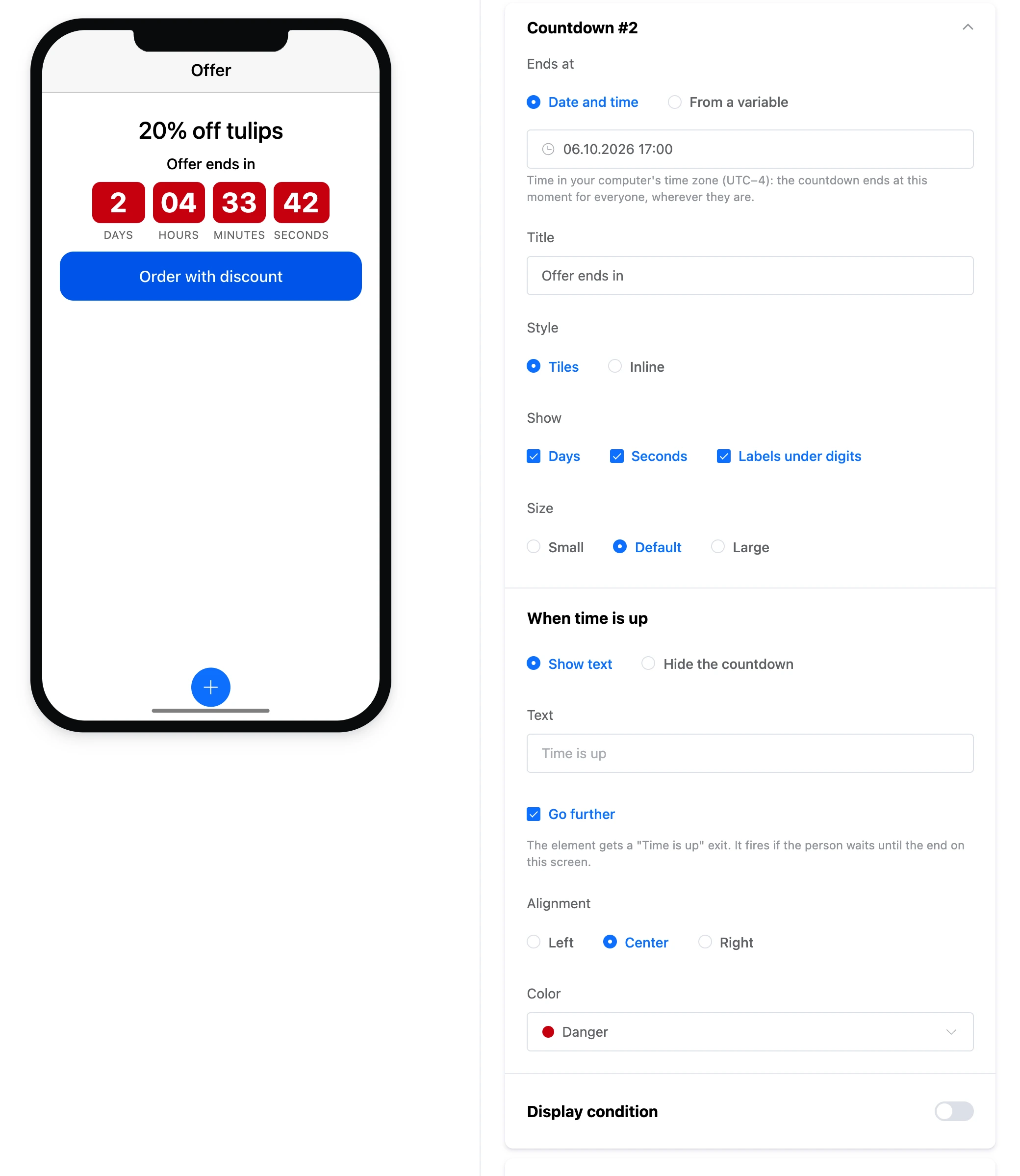 The "Countdown" element: tiles with days, hours, minutes and seconds and the element's settings