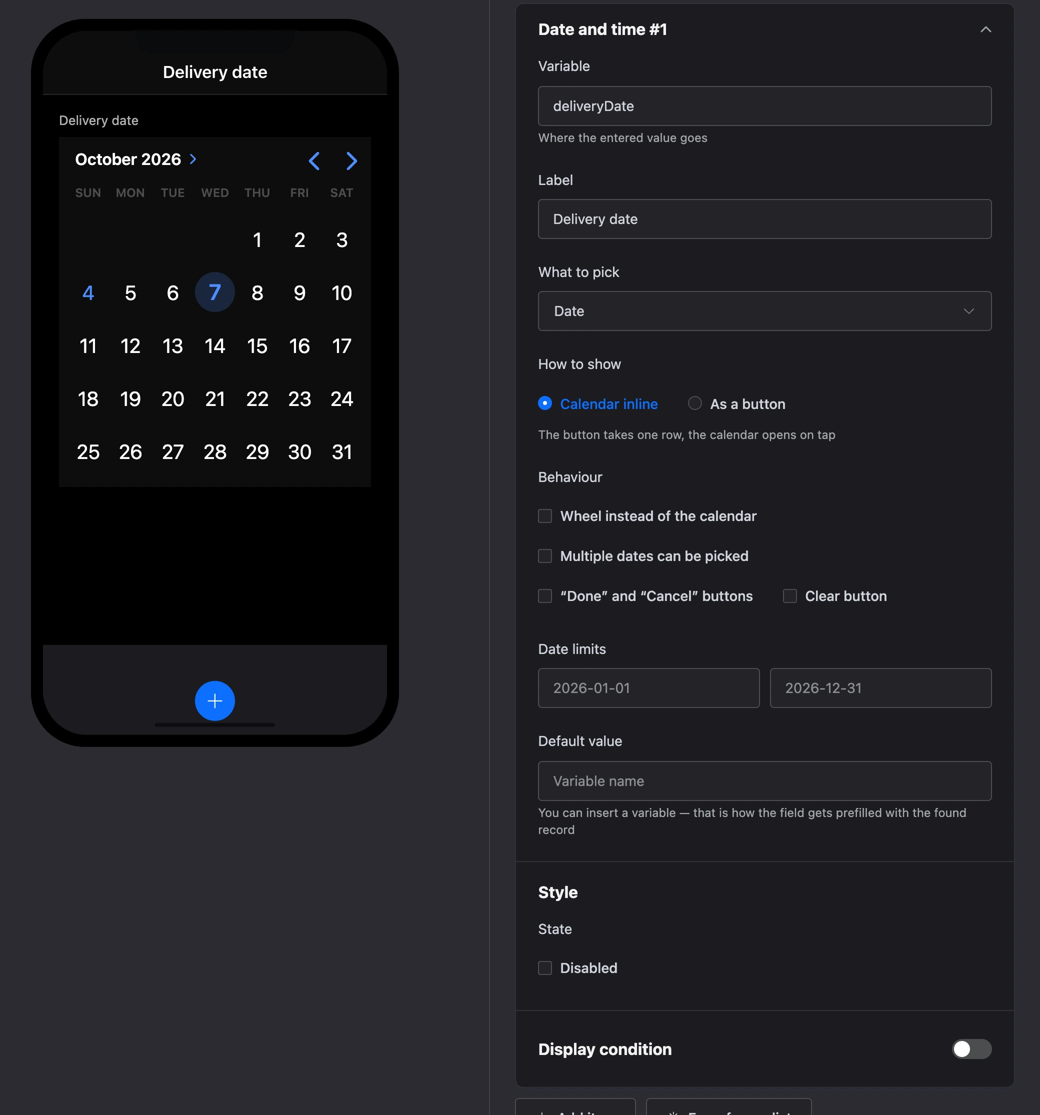 The "Date and time" element: a calendar on the screen and the element's settings