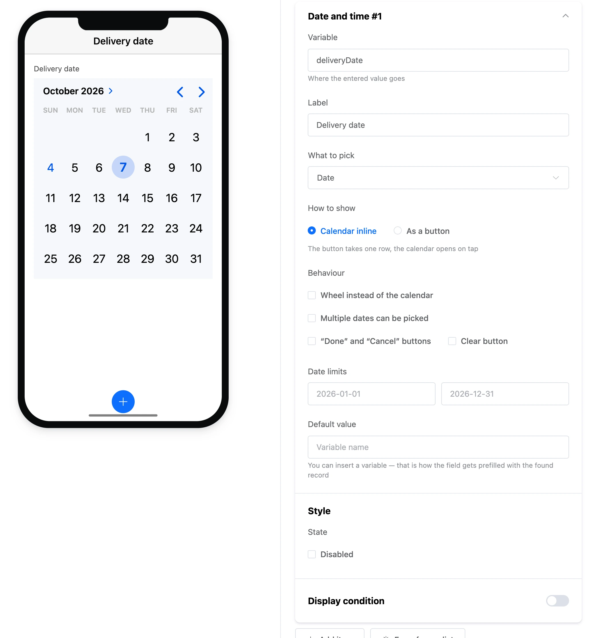 The "Date and time" element: a calendar on the screen and the element's settings