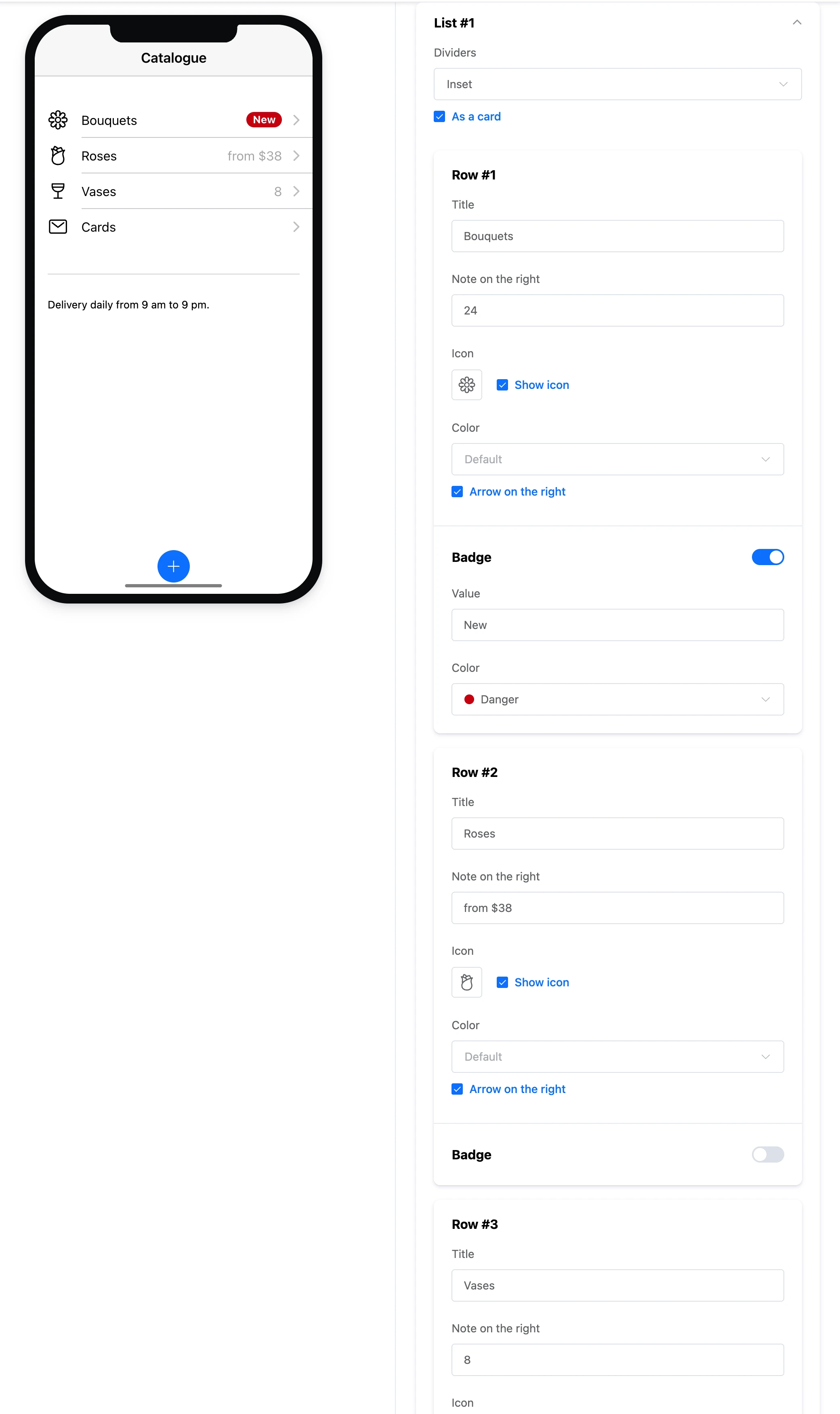 The "List" element: rows with icons, notes on the right and a badge, and the element's settings
