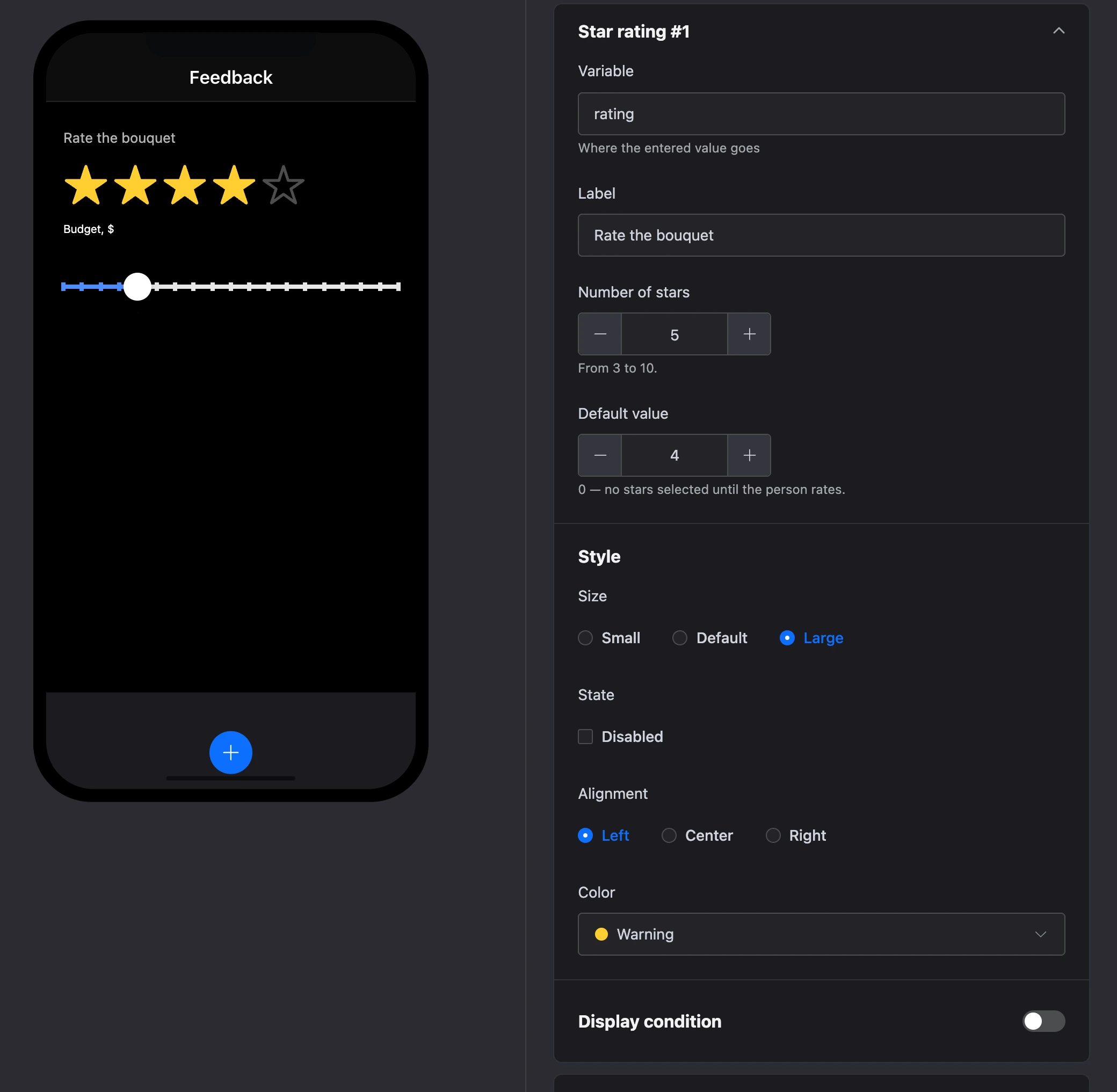The "Star rating" element: four stars out of five on the screen and the element's settings