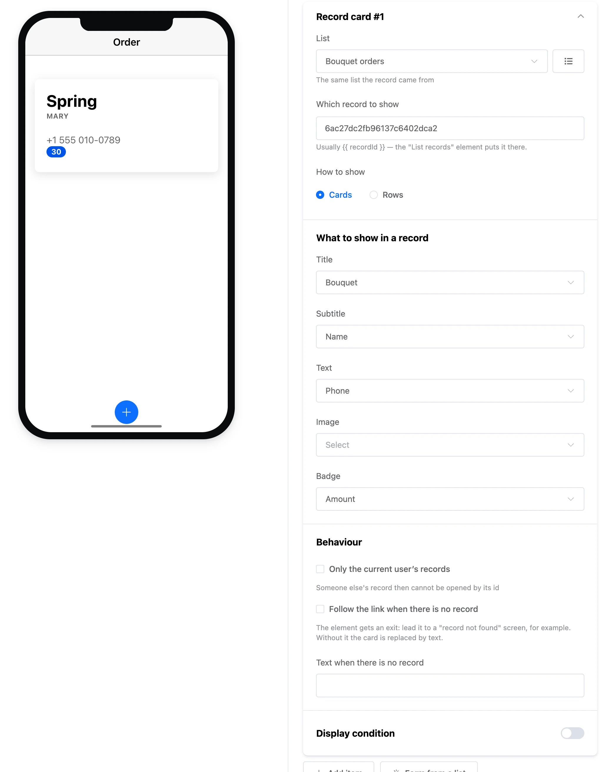 The "Record card" element: an order on the screen and the element's settings