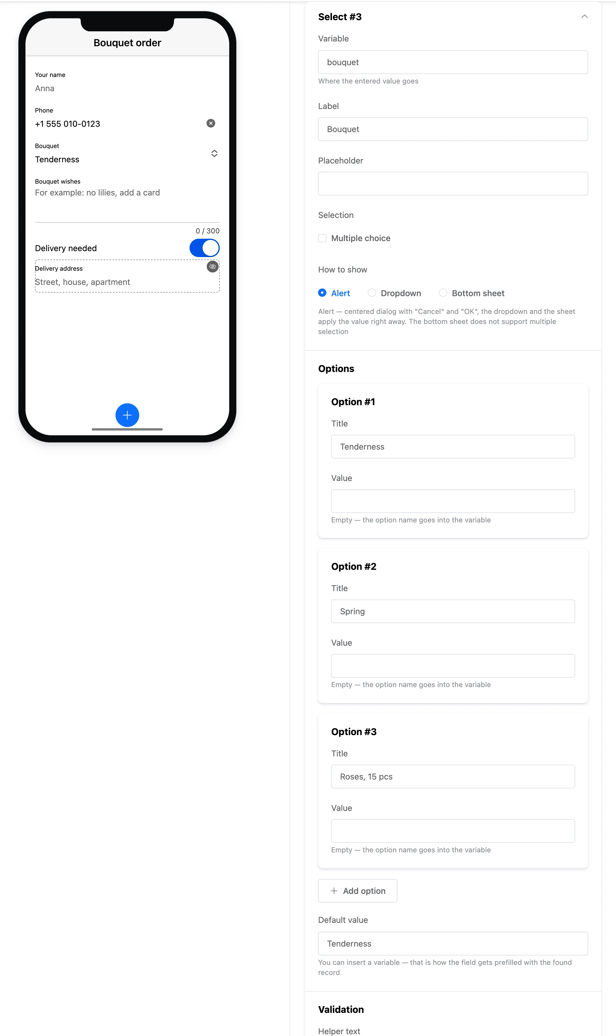 The "Select" element: the "Bouquet" field on the screen and the options in the settings