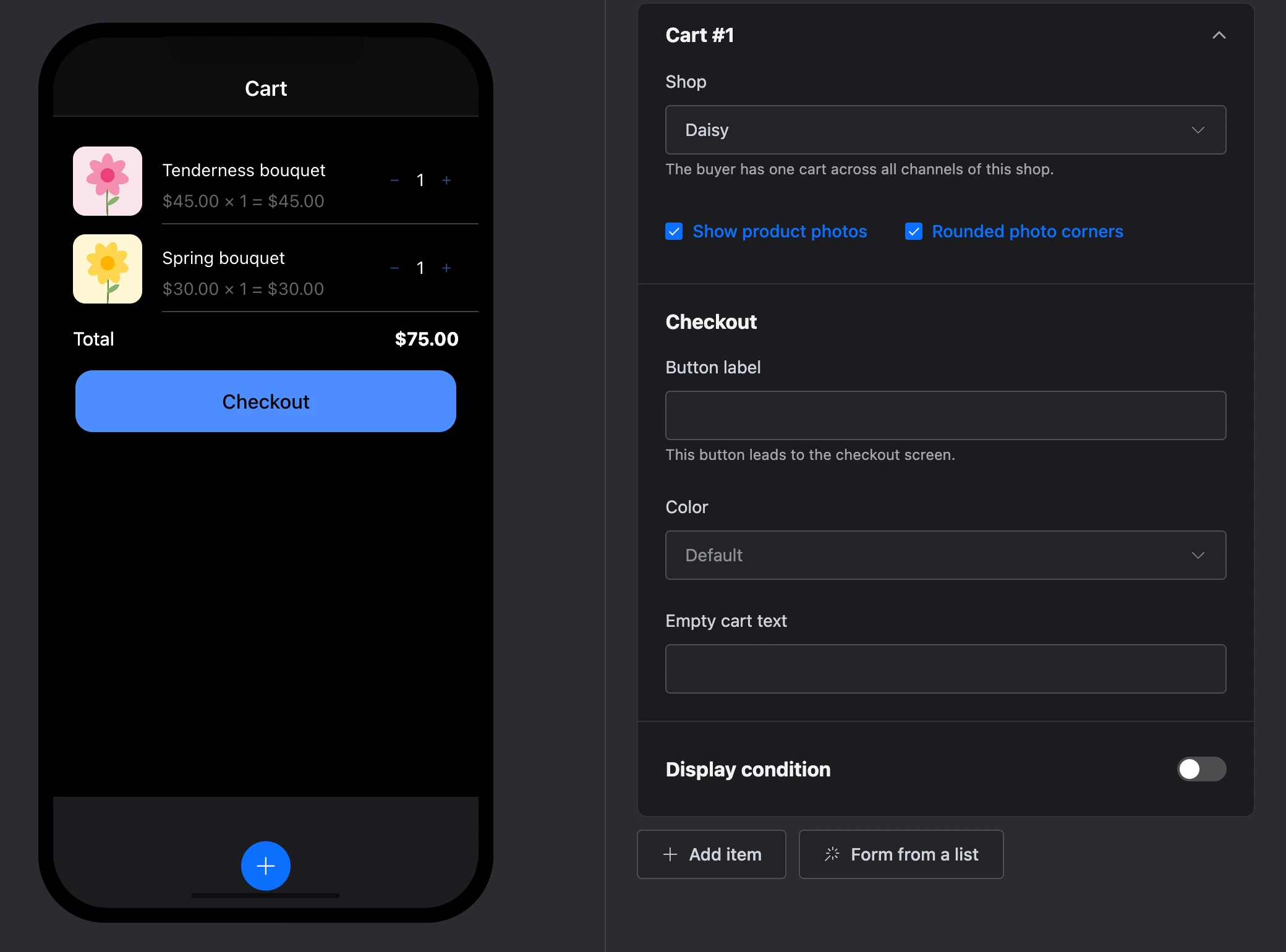 The "Cart" element: two products, the total and the "Checkout" button and the element's settings