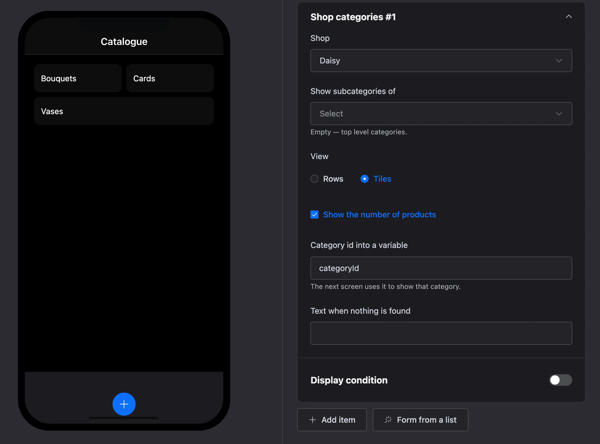 The "Shop categories" element: categories as tiles and the element's settings