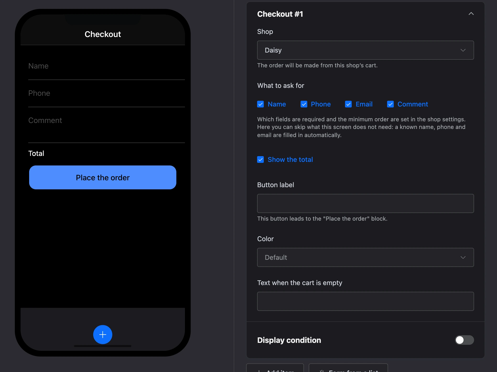 The "Checkout" element: customer fields, the total and the "Place the order" button and the element's settings