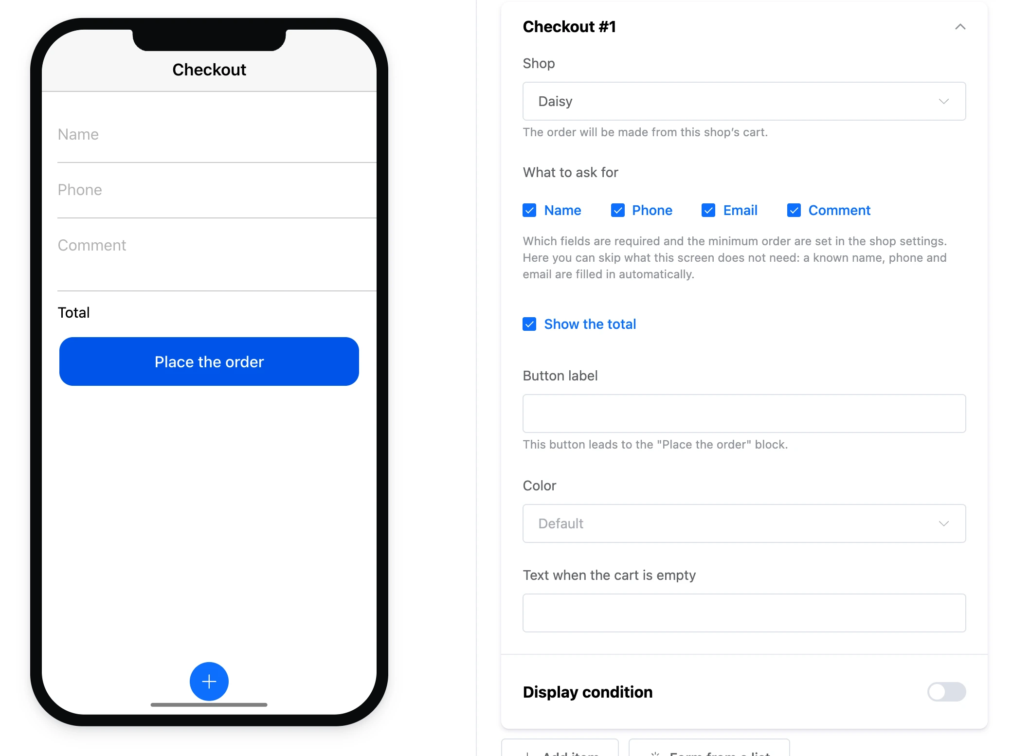 The "Checkout" element: customer fields, the total and the "Place the order" button and the element's settings