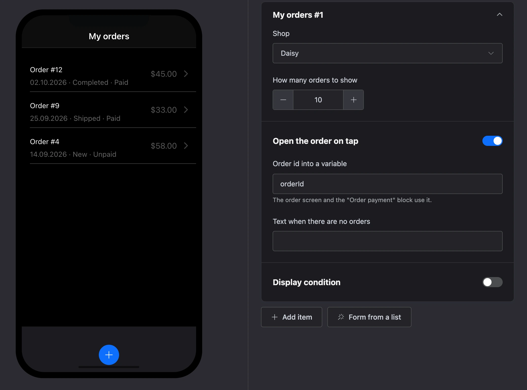 The "My orders" element: the customer's orders and the element's settings