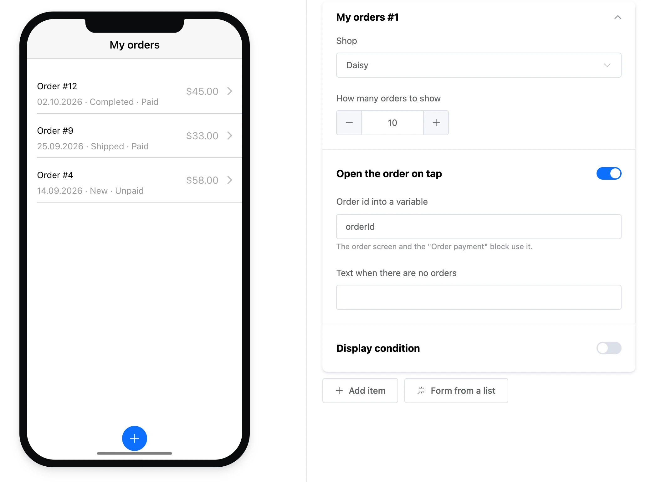The "My orders" element: the customer's orders and the element's settings