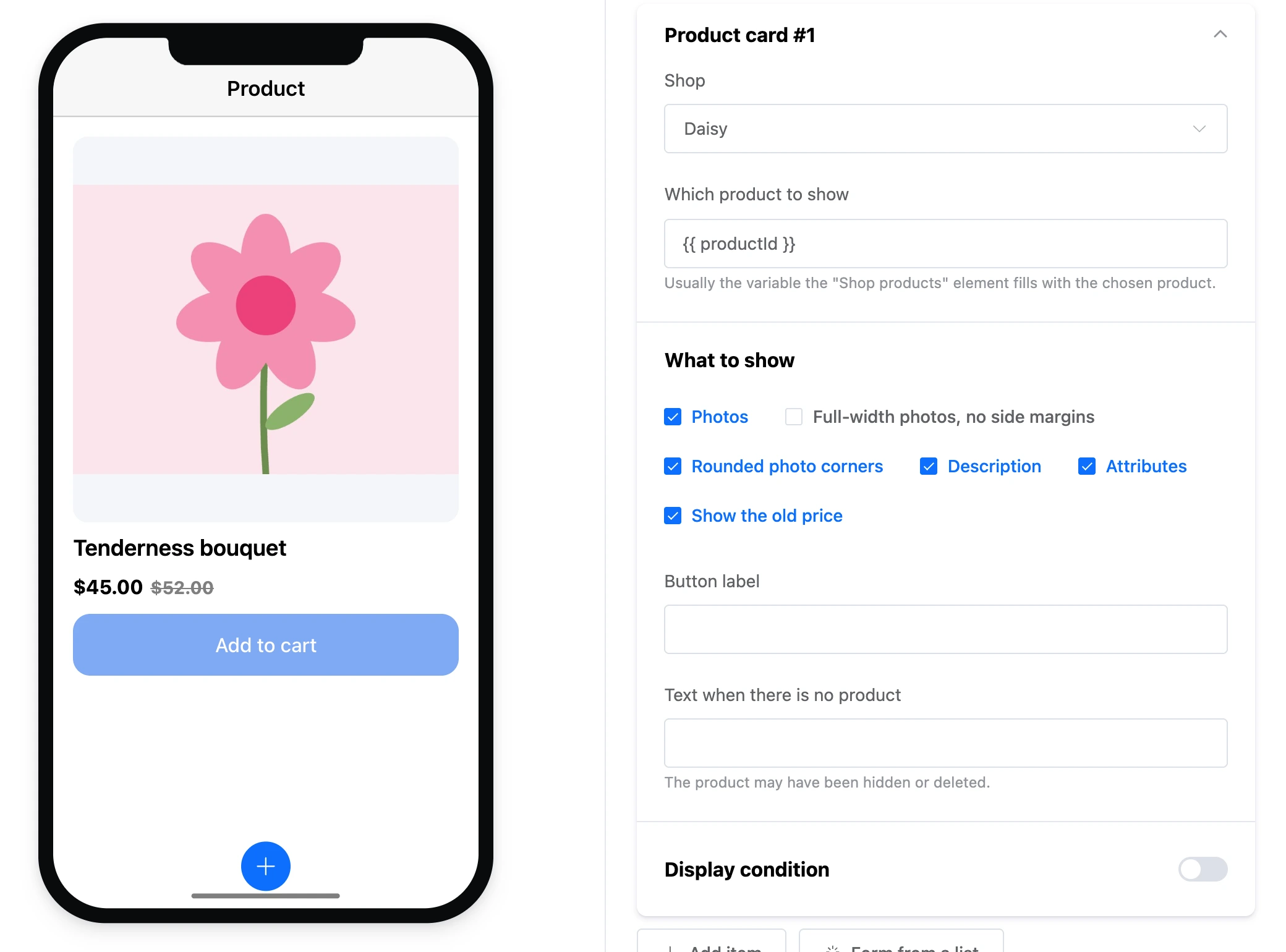 The "Product card" element: photos, price and the "Add to cart" button and the element's settings