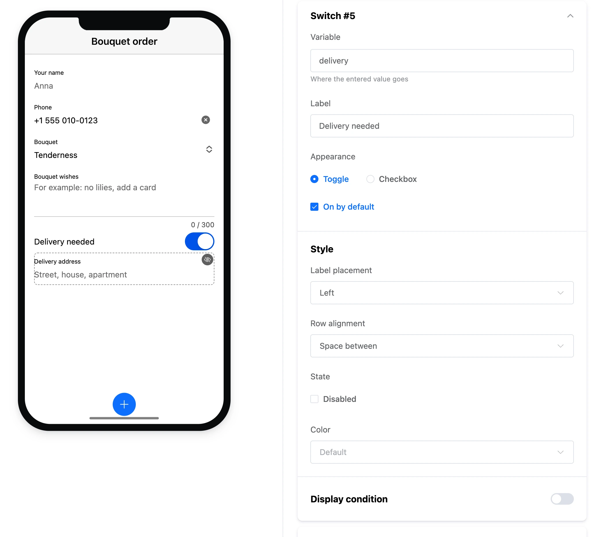 The "Switch" element: "Delivery needed" on the screen and the element's settings