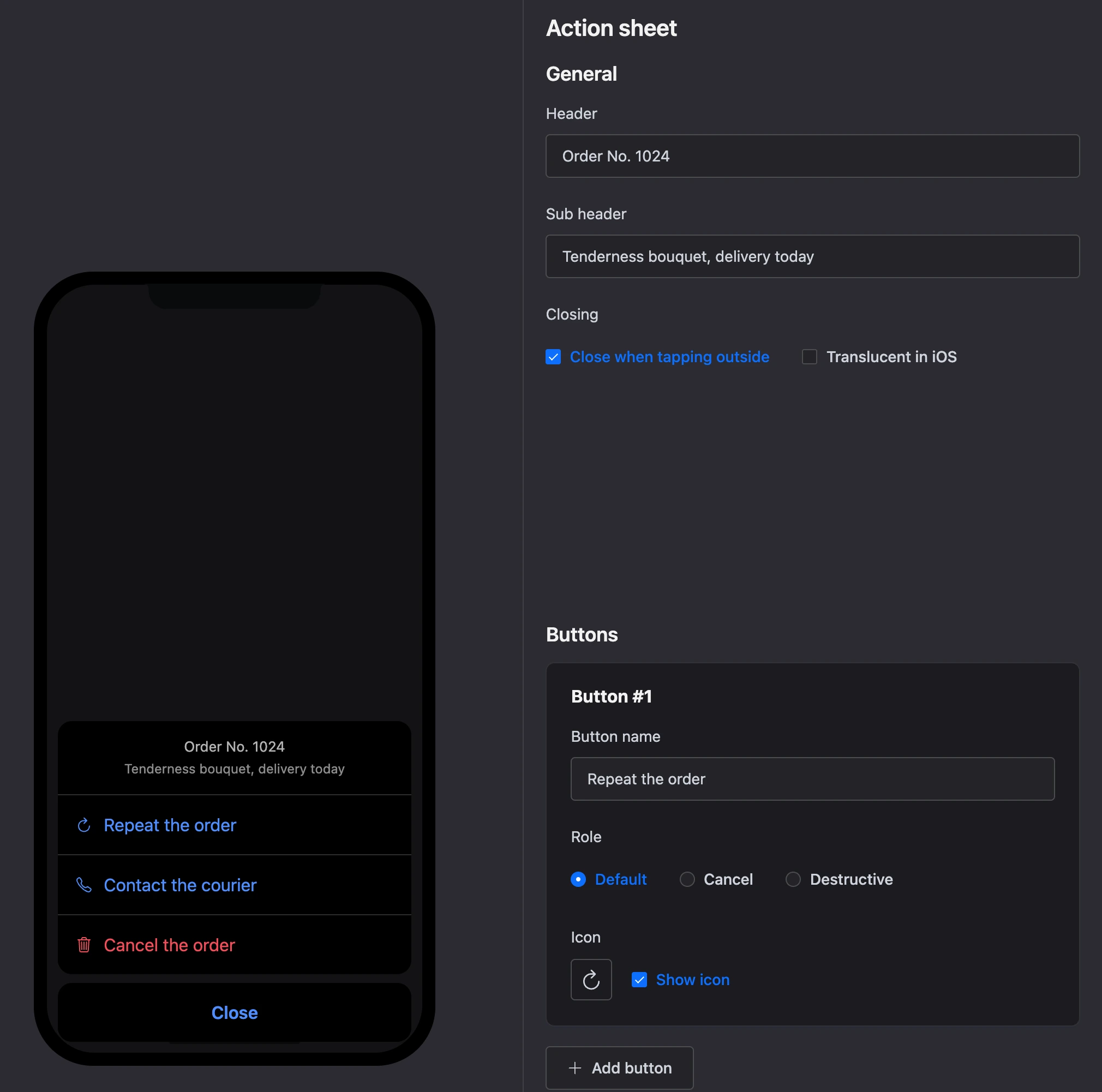 The Action sheet block: the sheet on the phone and the first button's settings