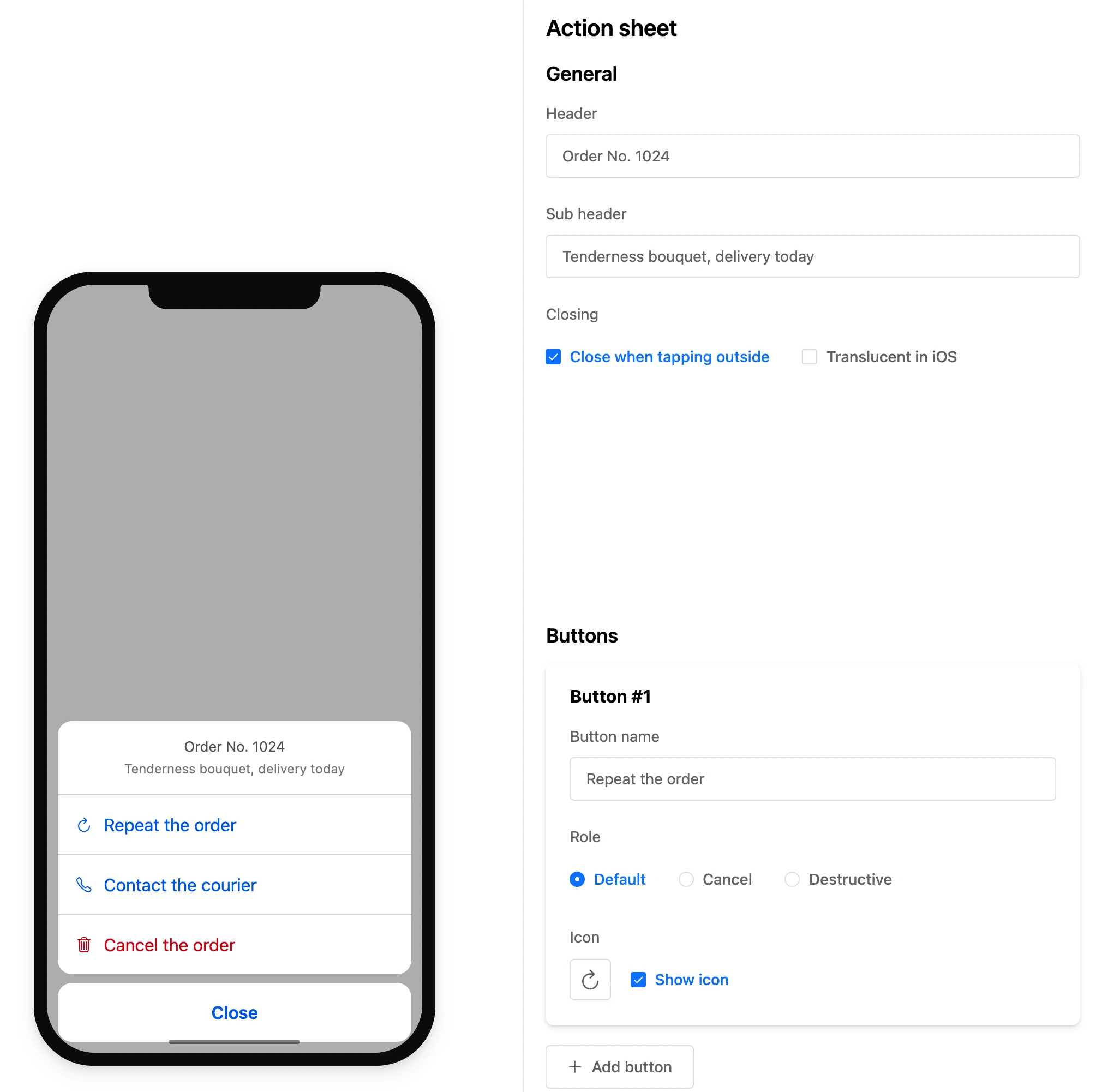 The Action sheet block: the sheet on the phone and the first button's settings