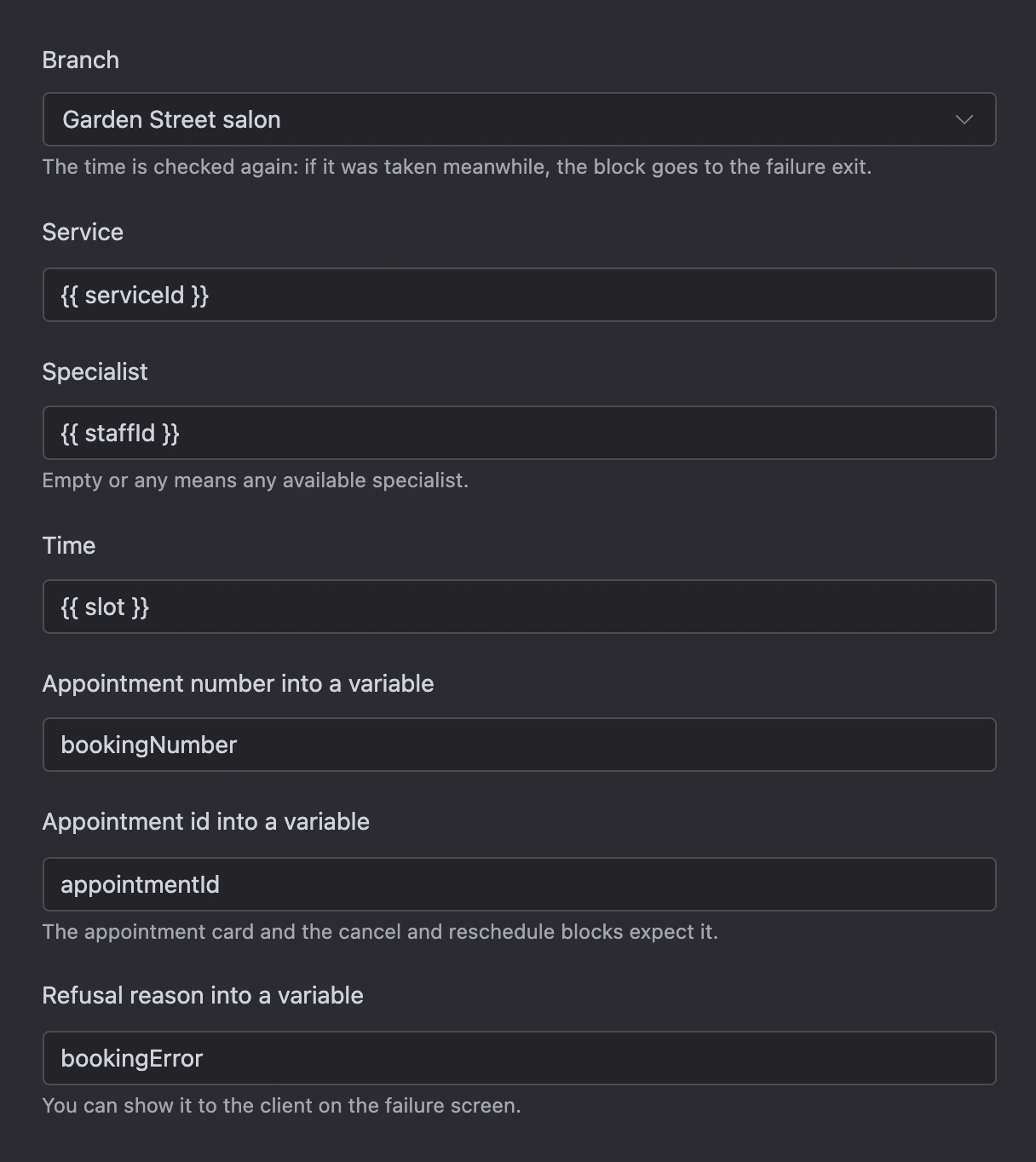 Book an appointment block: branch, service, specialist, time and variables