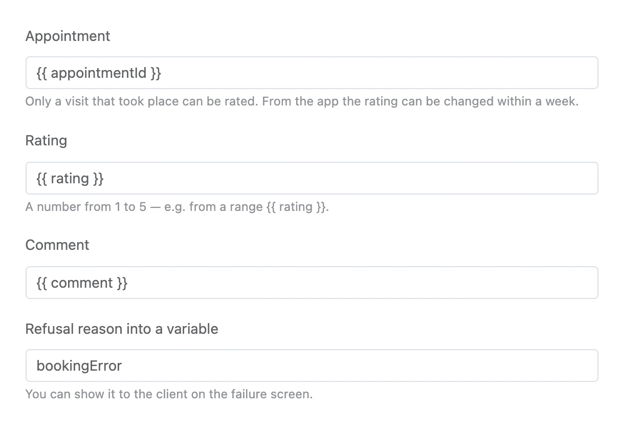 Rate the visit block: the appointment, rating and comment from variables