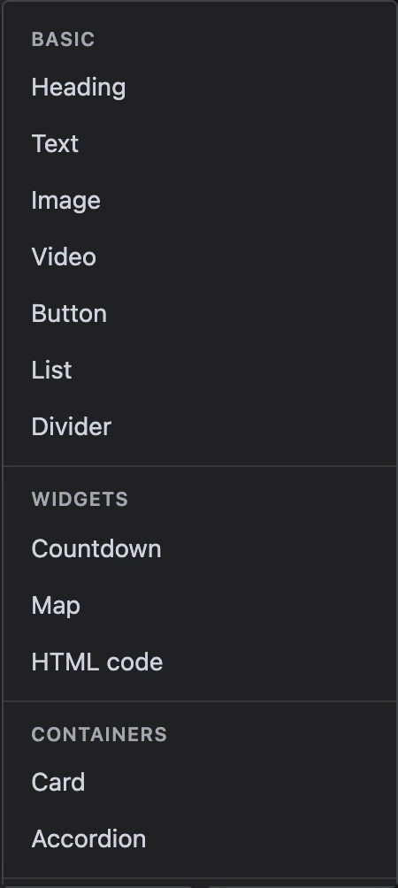 The "Add item" menu: elements by group
