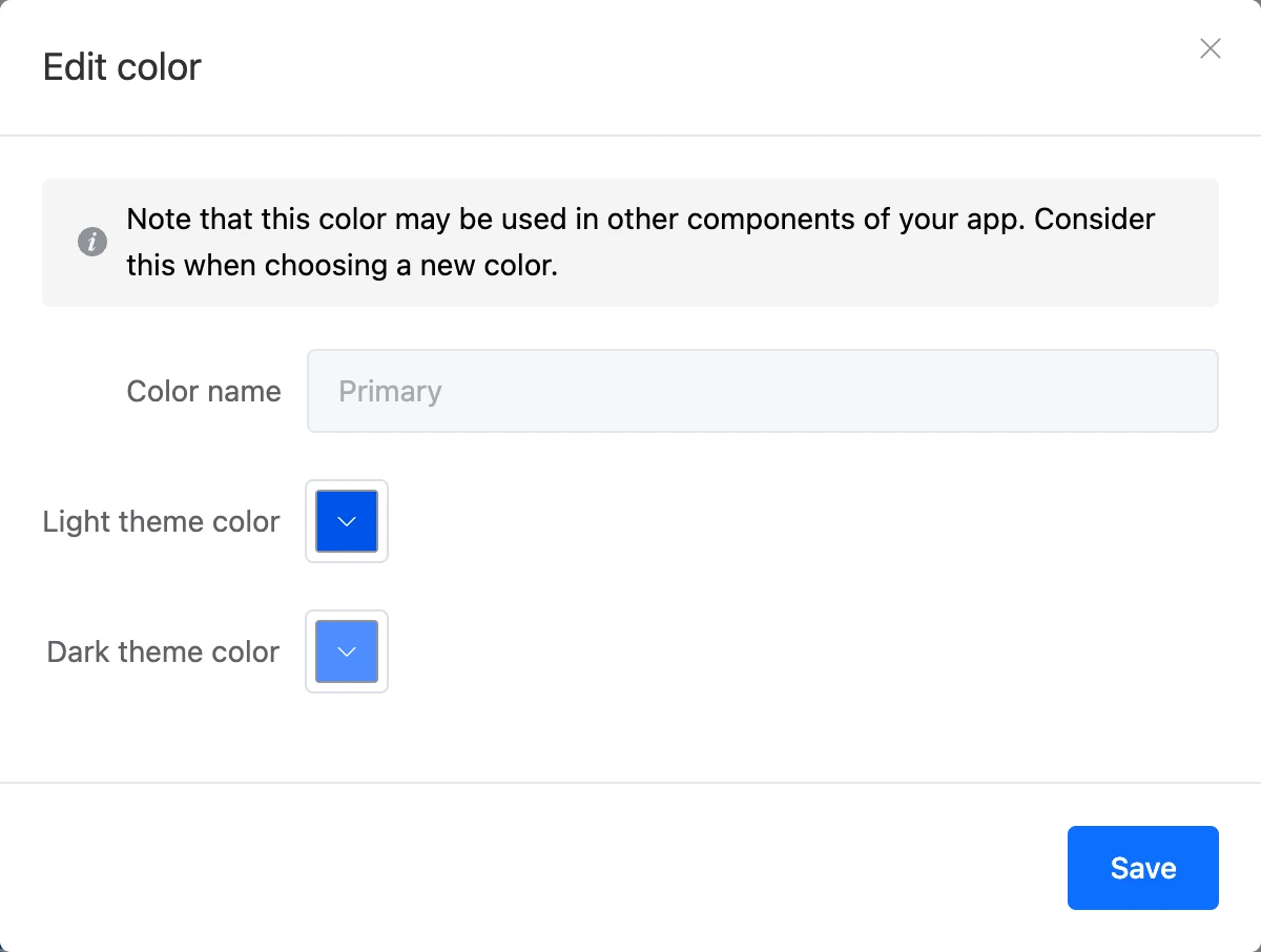 Editing a palette color: values for light and dark themes