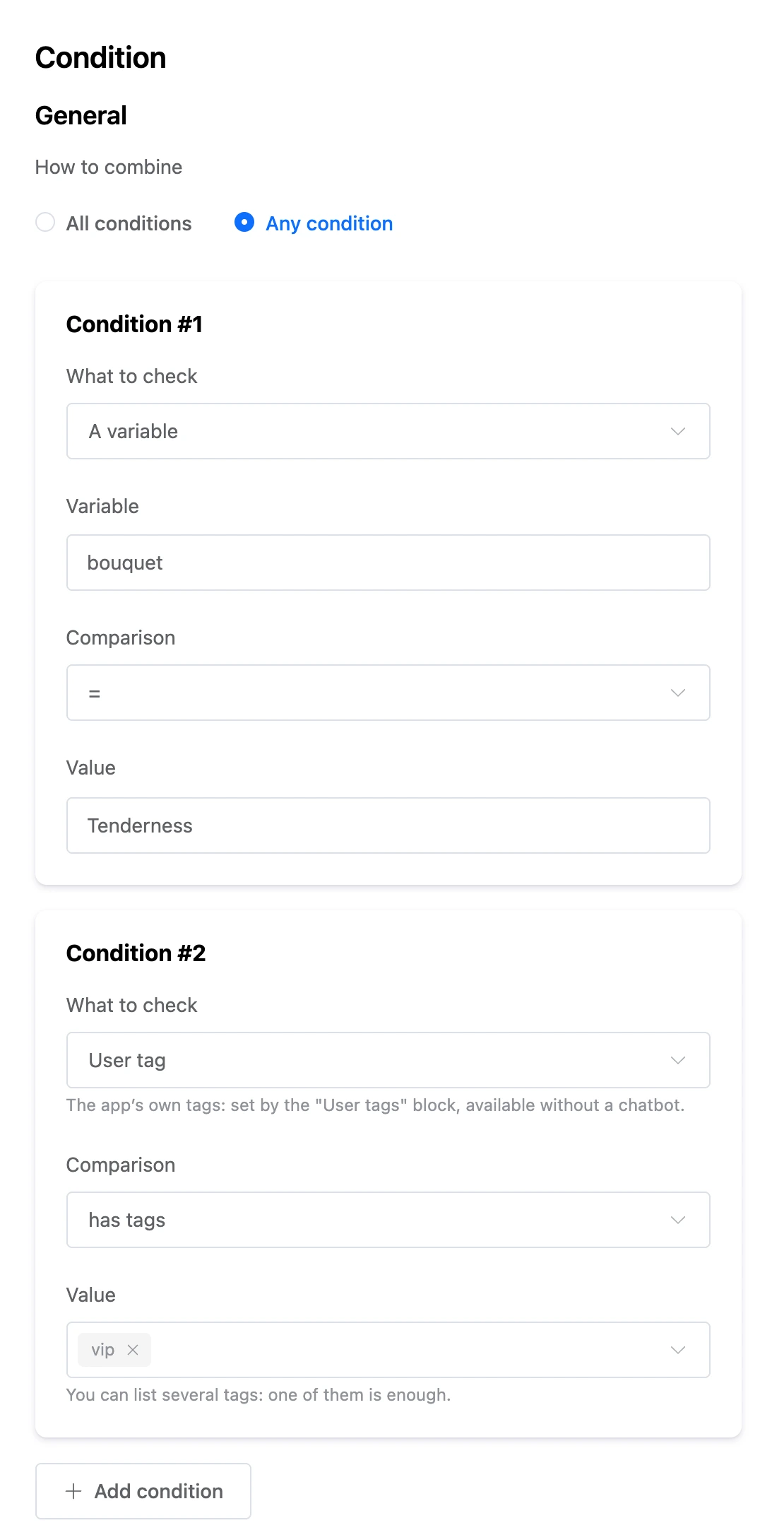 Condition block settings: a variable and a user tag
